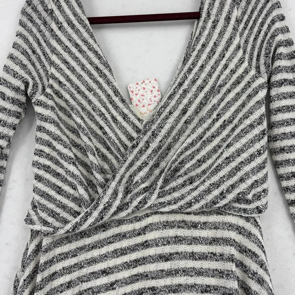 Free People Maverick Surplice Mini Dress Size‎ M Black Cream Striped Low V Neck